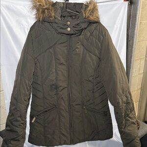 NWOT Women's Dark Brown Puffer Jacket with Faux Fur Trim